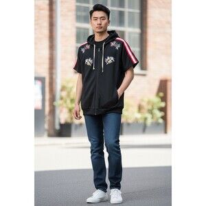 IMPERIOUS New York Man's Hoodie Size M Eagle Eyes Short Sleeve Full Zip Black